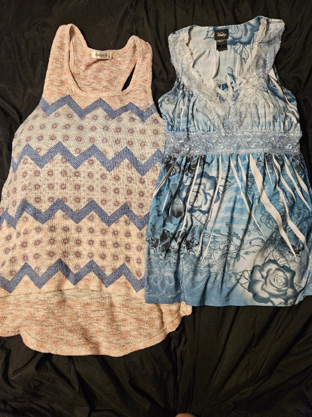 Blue Floral & Chevron Print Tank Top And Teal, Black & White Dressy Tank